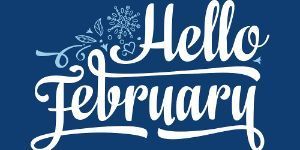Hello February on blue background with snowflakes