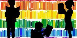 Graphic of Shadows Reading in Front of Shelves