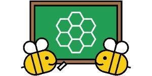 Two bees standing in front of a chalkboard