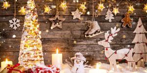 Image of holiday decorations on wooded background