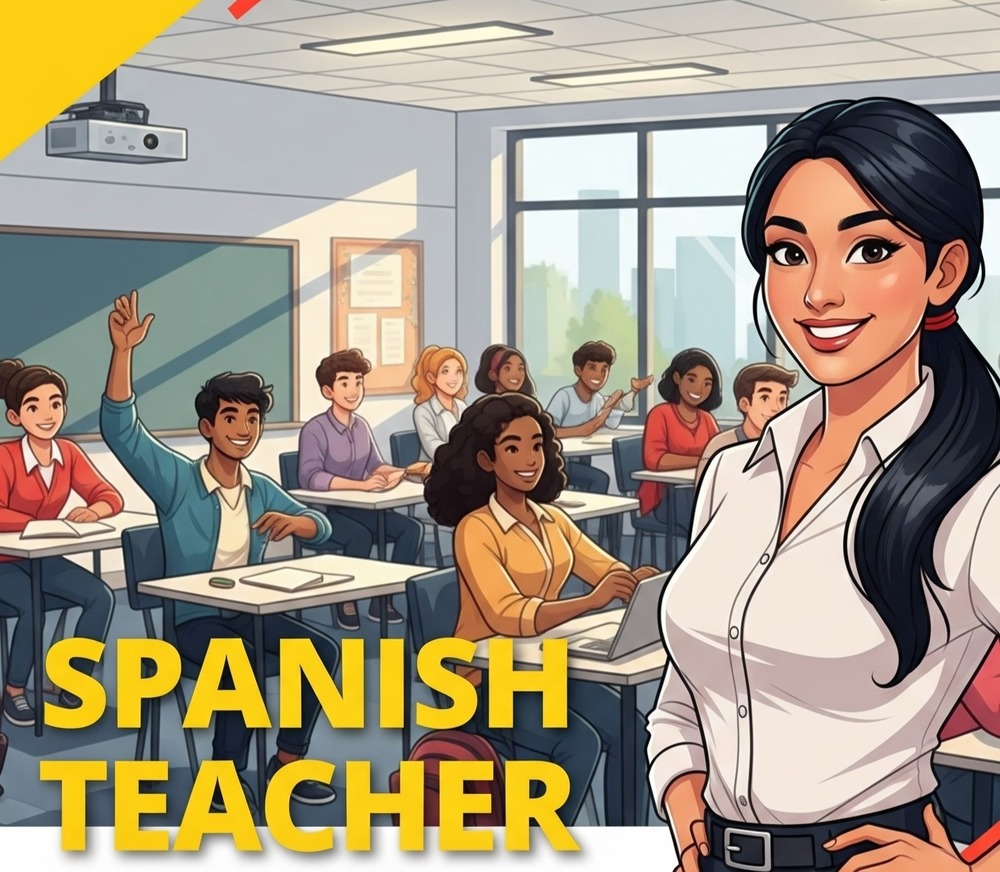 image of a Spanish class with the words Spanish teacher