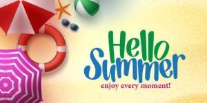 image of beach items with Hello summer enjoy every moment  written