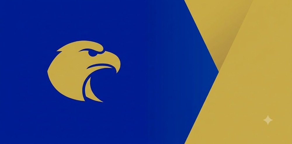 A flat, minimalist graphic banner in school colors of deep royal blue and gold, featuring a clean gold vector eagle silhouette on the left side. No text.