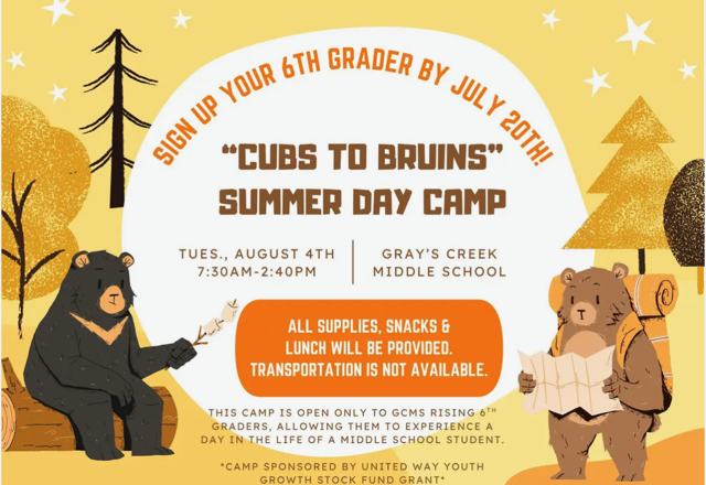 Black bear roasting marshmallows, brown bear with backpack and map.  Trees of different types.