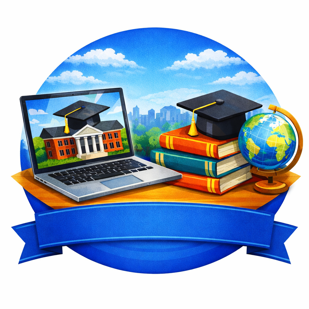 Illustration of a virtual college fair featuring a laptop displaying a college building with a graduation cap, next to a stack of books with a cap on top and a globe, set against a blue sky with clouds and a city skyline in the background.