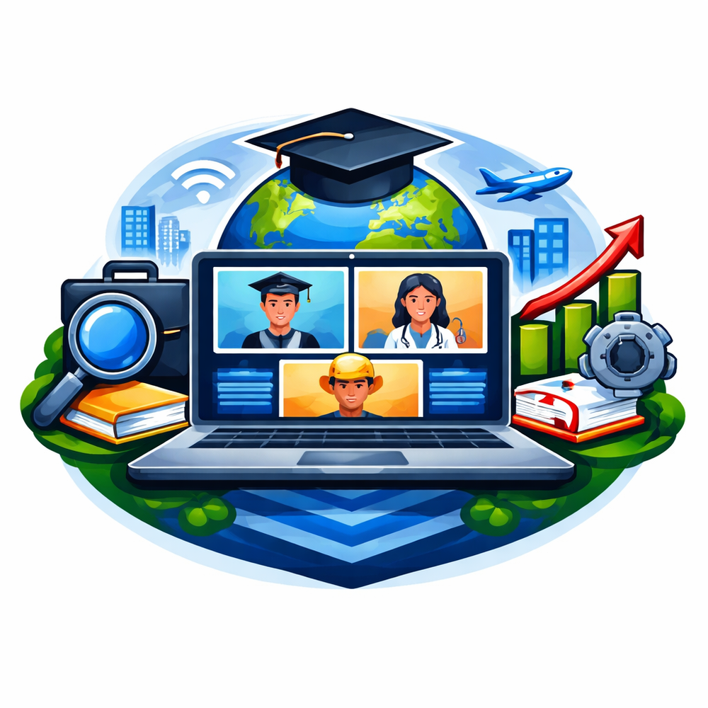 Laptop showing a virtual meeting with different career professionals and education symbols