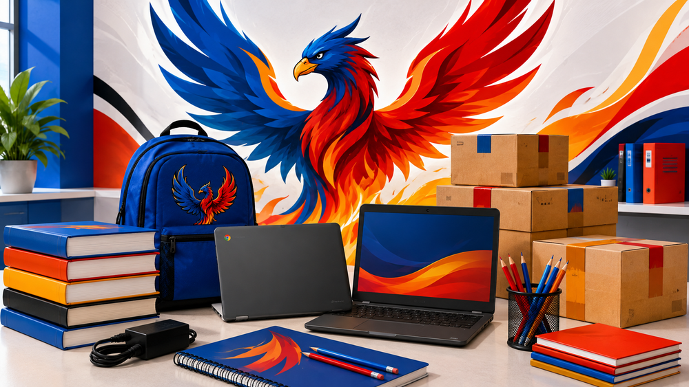 A school supply distribution scene featuring Chromebooks, chargers, textbooks, notebooks, pencils, a backpack, and stacked supply boxes. A large blue, red, and orange phoenix mural appears in the background.