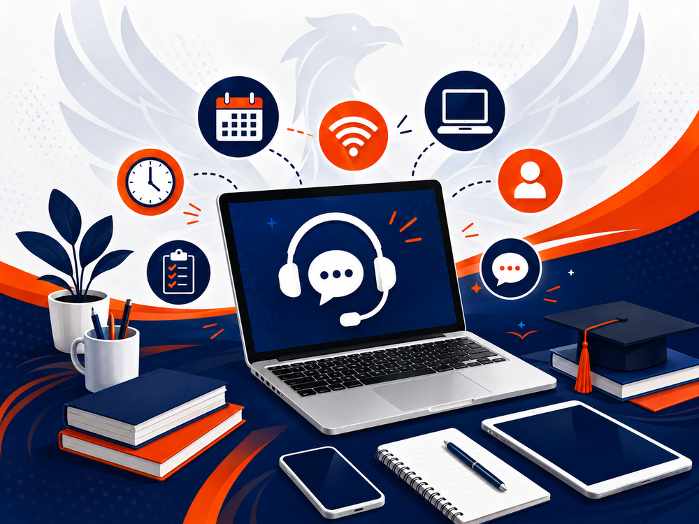 Illustration of a virtual school help desk featuring a laptop with a headset and chat icon, surrounded by symbols for technology support, Wi-Fi, schedules, accounts, and online learning. Navy blue, orange, and white school colors and a subtle phoenix design create a welcoming back-to-school theme.