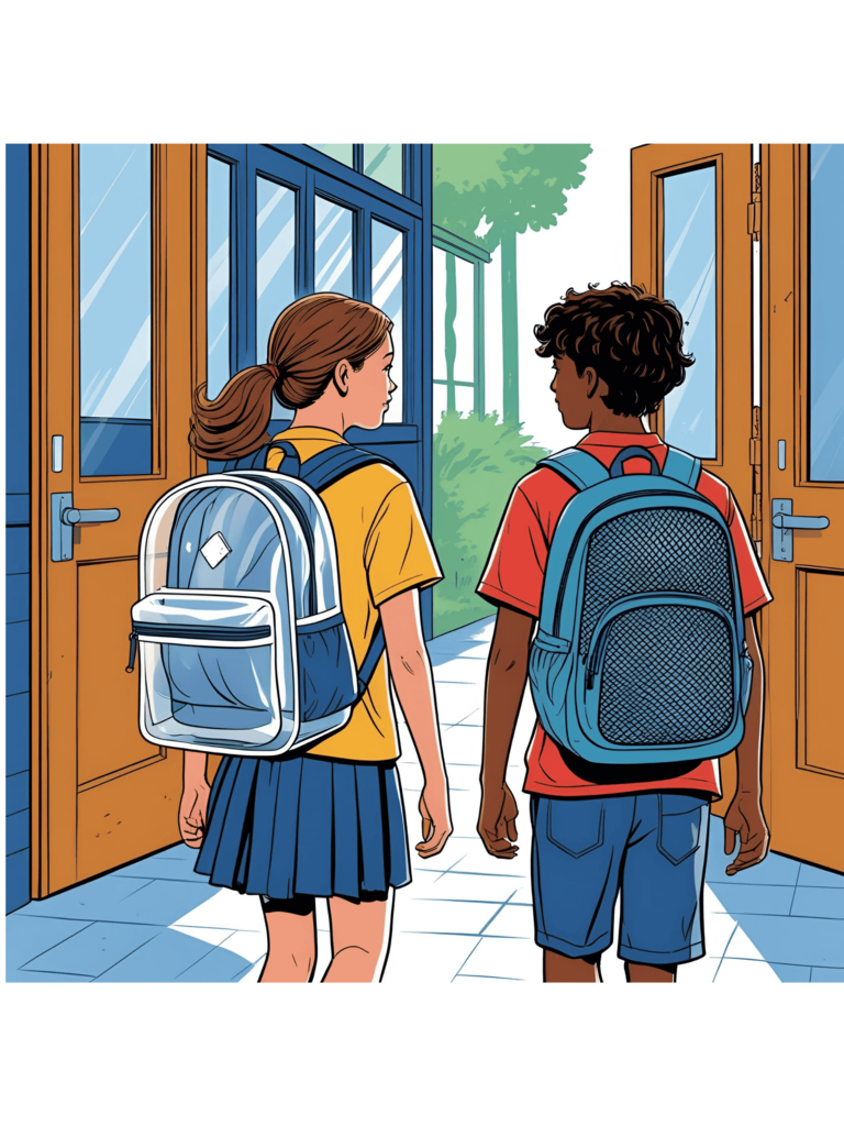 students walking into school wearing clear and mesh backpacks