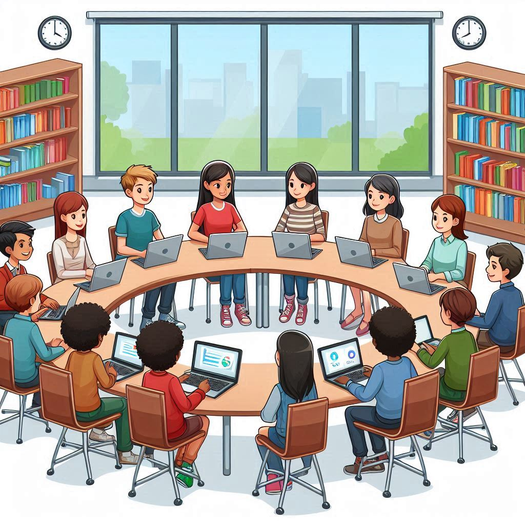 Clipart of people meeting in a media center