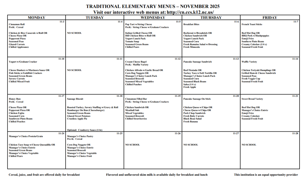 Elementary Menu November