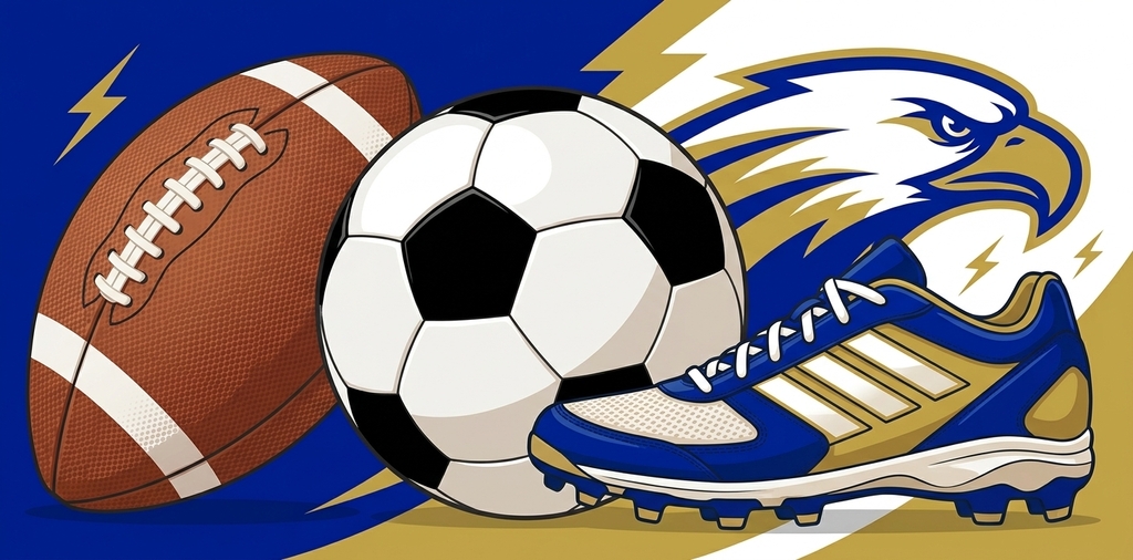 A clean and dynamic vector illustration banner for Luther 'Nick' Jeralds Middle School athletics, featuring a football, a soccer ball, an athletic shoe, and a subtle school Eagle mascot silhouette against a background of the school's royal blue and gold colors, strictly without any text.