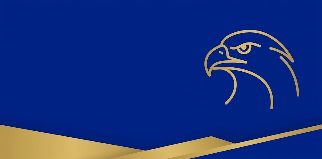 A deep royal blue website banner featuring subtle gold geometric shapes and a sleek gold eagle graphic on the right side.
