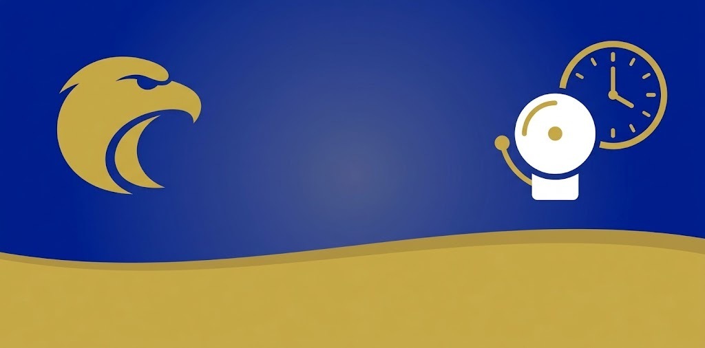 A blue and gold banner graphic featuring an eagle silhouette and a clock icon indicating early dismissal.