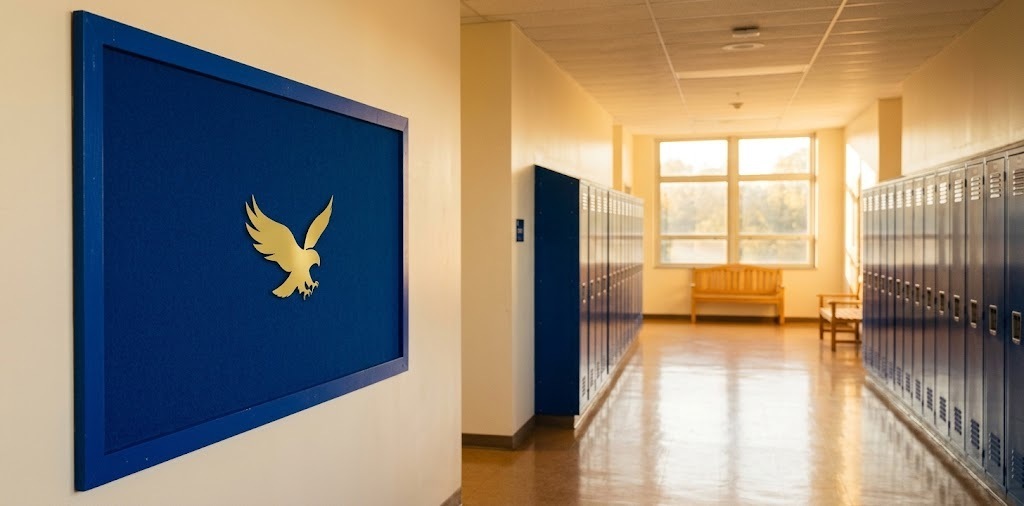 image of a hallway with a bulletin board with an eagle on it