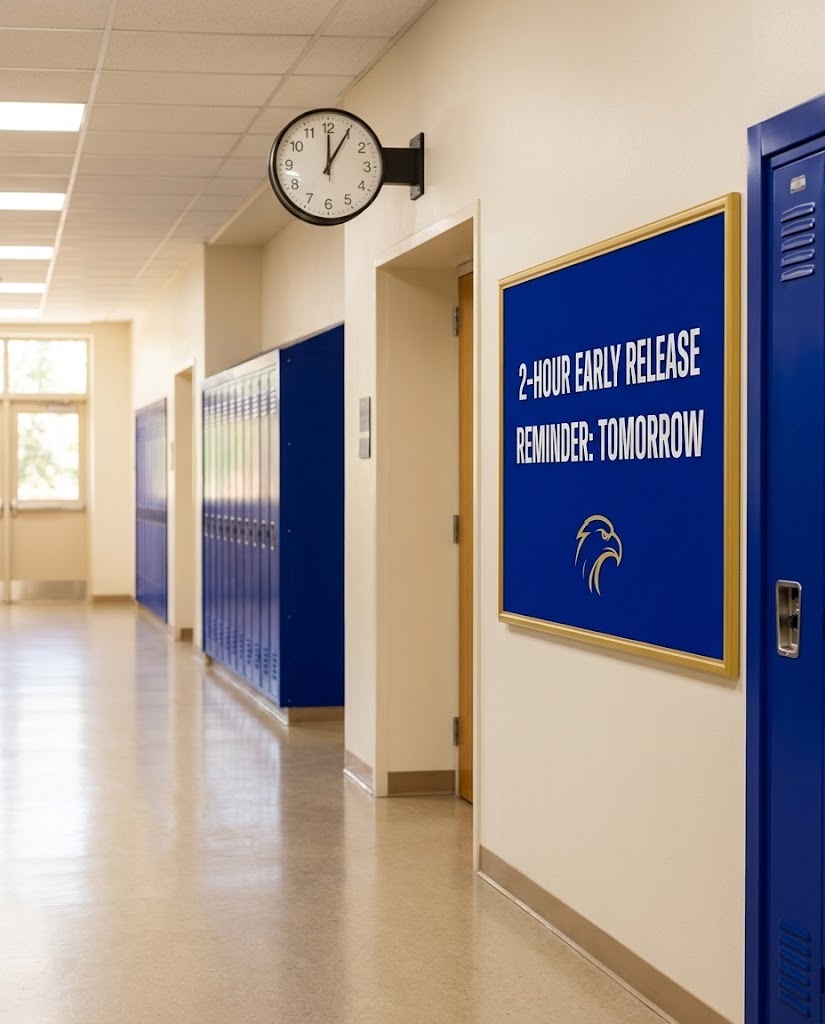 A realistic photograph of an empty, sunlit school hallway at LNJMS with blue lockers. A bulletin board on the wall displays clean white text that reads: "2-HOUR EARLY RELEASE. REMINDER: TOMORROW." The LNJMS golden eagle silhouette is underneath the text.
