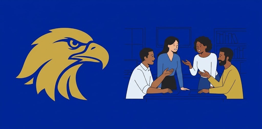 A minimalist royal blue banner with a sleek gold eagle head silhouette on the left and a vector illustration of a diverse group of four parents collaborating around a meeting table on the right.