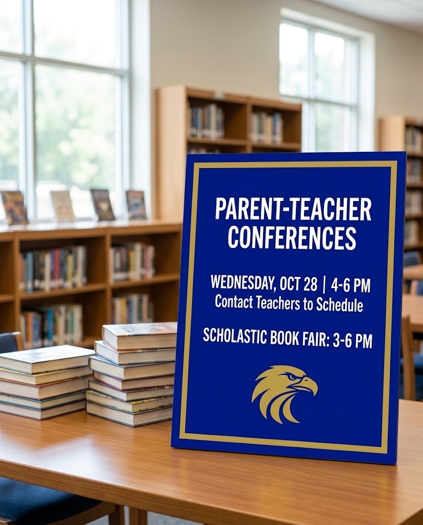 A realistic photograph taken inside the LNJMS library, showing a table with stacks of books and a framed blue and gold display board. The board reads: 'PARENT-TEACHER CONFERENCES. WEDNESDAY, OCT 28 | 4-6 PM. Contact Teachers to Schedule. SCHOLASTIC BOOK FAIR: 3-6 PM.' A gold eagle silhouette is at the bottom.