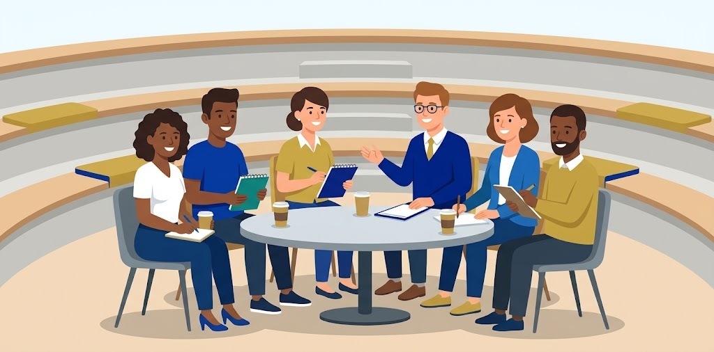 A clean vector illustration in school colors showing diverse parents and teachers collaborating happily in a stylized tiered seating area.