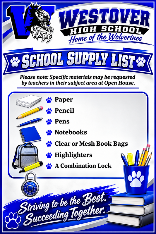 Blue and White School Supply List with Pictures of school supplies
