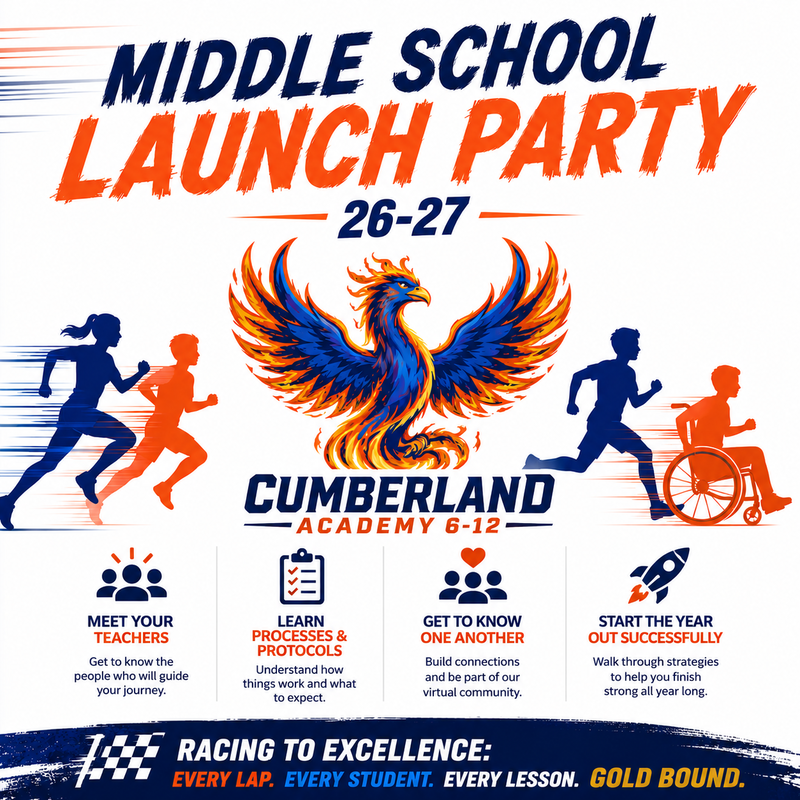 lyer for the 2026–2027 school year featuring a blue-and-orange phoenix and students running, including a student using a wheelchair.