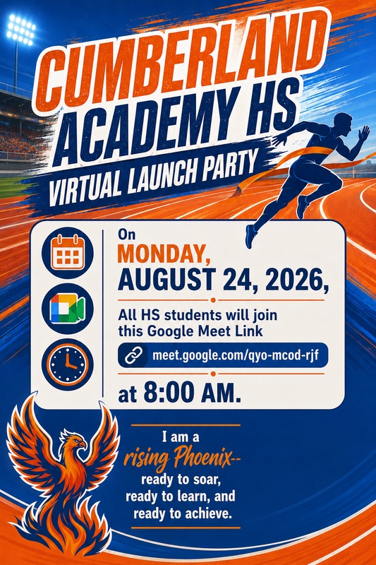 The blue-and-orange racing-themed flyer features a runner and a Phoenix mascot with the message, “I am a rising Phoenix—ready to soar, ready to learn, and ready to achieve.”