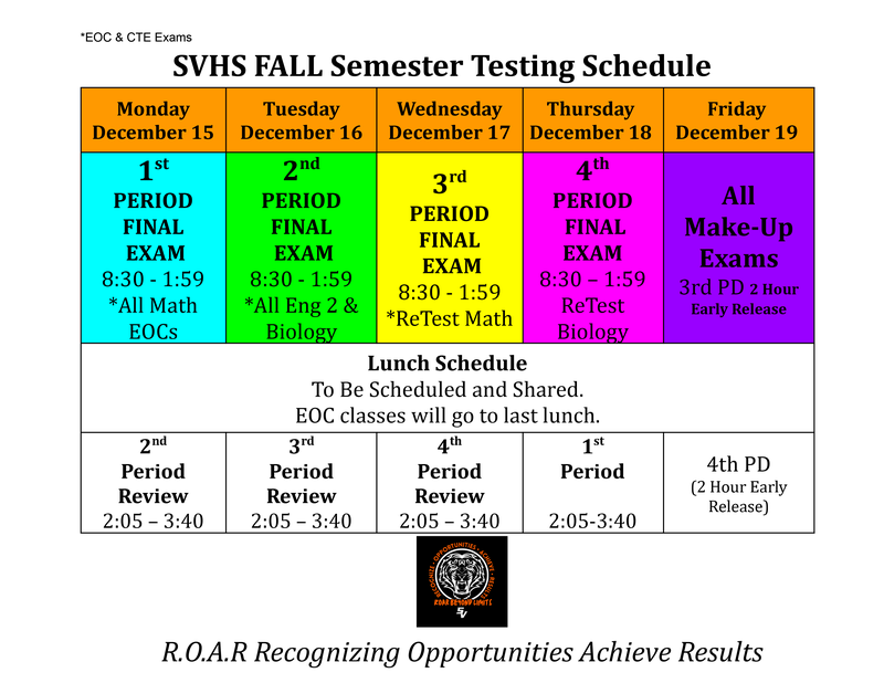 Image of the fall semester testing schedule