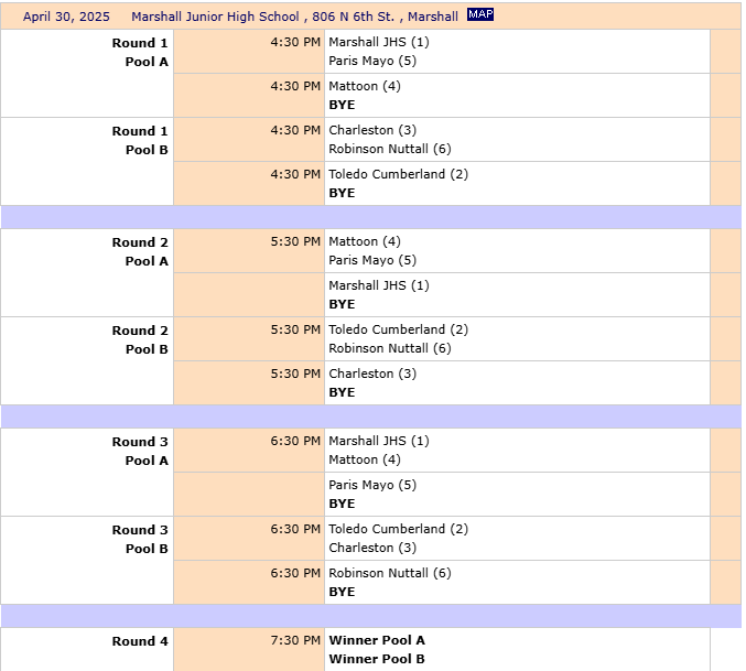 The schedule of the Marshall Scholastic Bowl Regional. Cumberland plays at 5:30 vs Robinson and at 6:30 vs. Charleston.