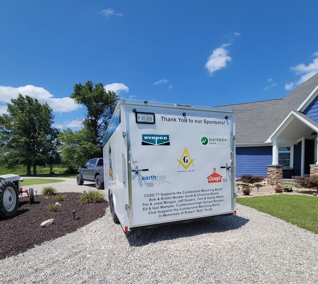 The back of the trailor with the logos of businesses who supported it's purchase.