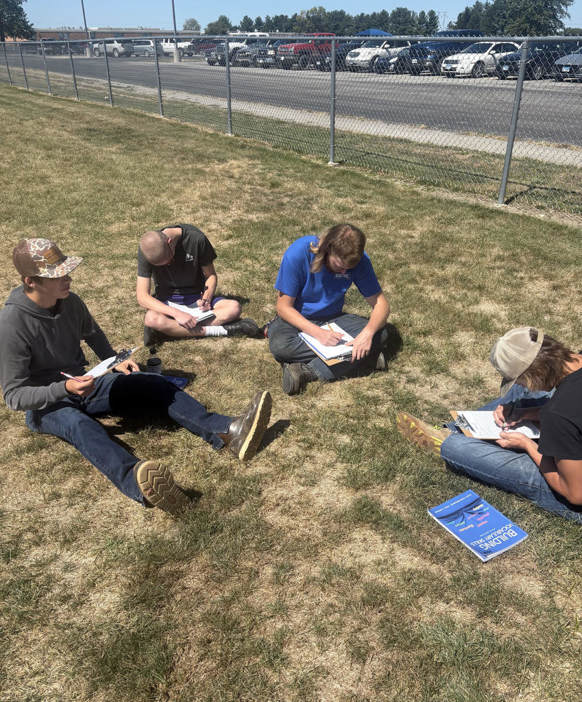 Students are working on vocabulary in the grass.