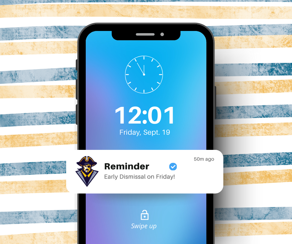 A phone is displaying 12:01, Friday, September 19, Reminder Early Dismissal on Friday