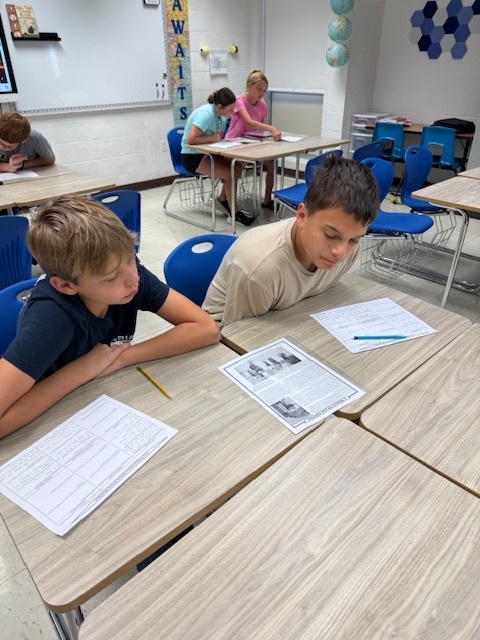 Students are working in groups to complete the work at each station. 