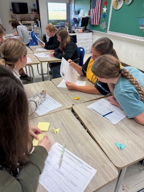 Students are working in groups to complete the work at each station. 