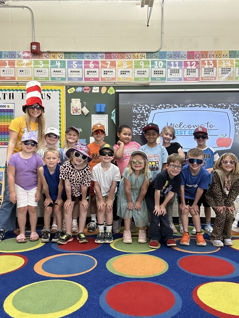Ms. Hemmen's calss is posing with sunglasses and hats. 