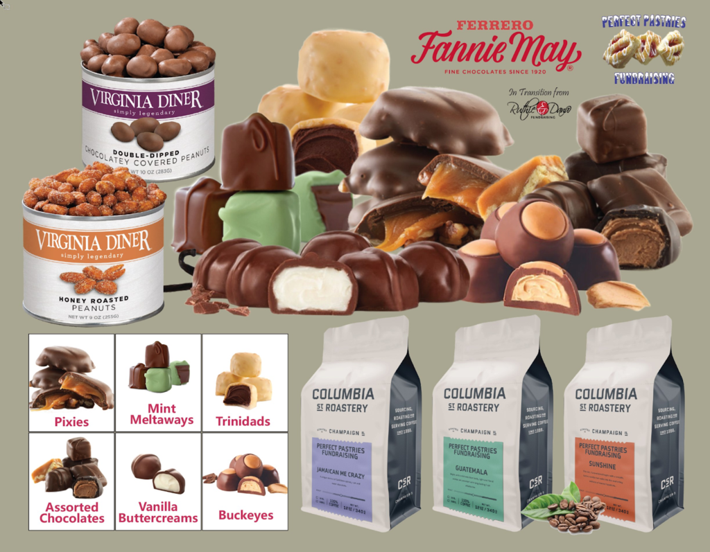 Image collage of gourmet treats and coffee from Perfect Pastries Fundraising. The top half features Virginia Diner tins of double-dipped chocolate-covered peanuts and honey roasted peanuts, alongside assorted Fannie May chocolates including Pixies, Mint Meltaways, Trinidads, Assorted Chocolates, Vanilla Buttercreams, and Buckeyes. The bottom right shows three Columbia Street Roastery coffee bags labeled Jamaican Me Crazy, Guatemala, and Sunshine with coffee beans in front.