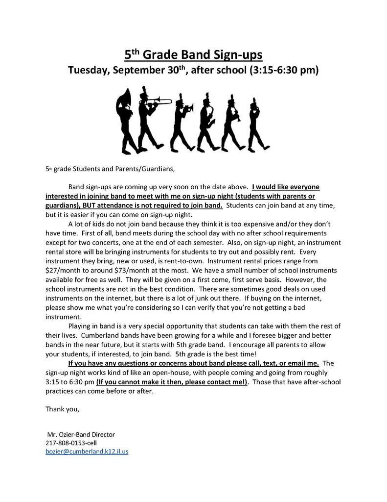 Flyer for 5th Grade Band Sign-ups at Cumberland Schools, scheduled for Tuesday, September 30th, after school from 3:15 to 6:30 pm. Includes a silhouette image of five marching band members playing instruments. The flyer encourages students and guardians to attend the sign-up night, though attendance is not required to join. It provides information about instrument rentals, the importance of band participation, and contact details for Mr. Ozier, the band director.