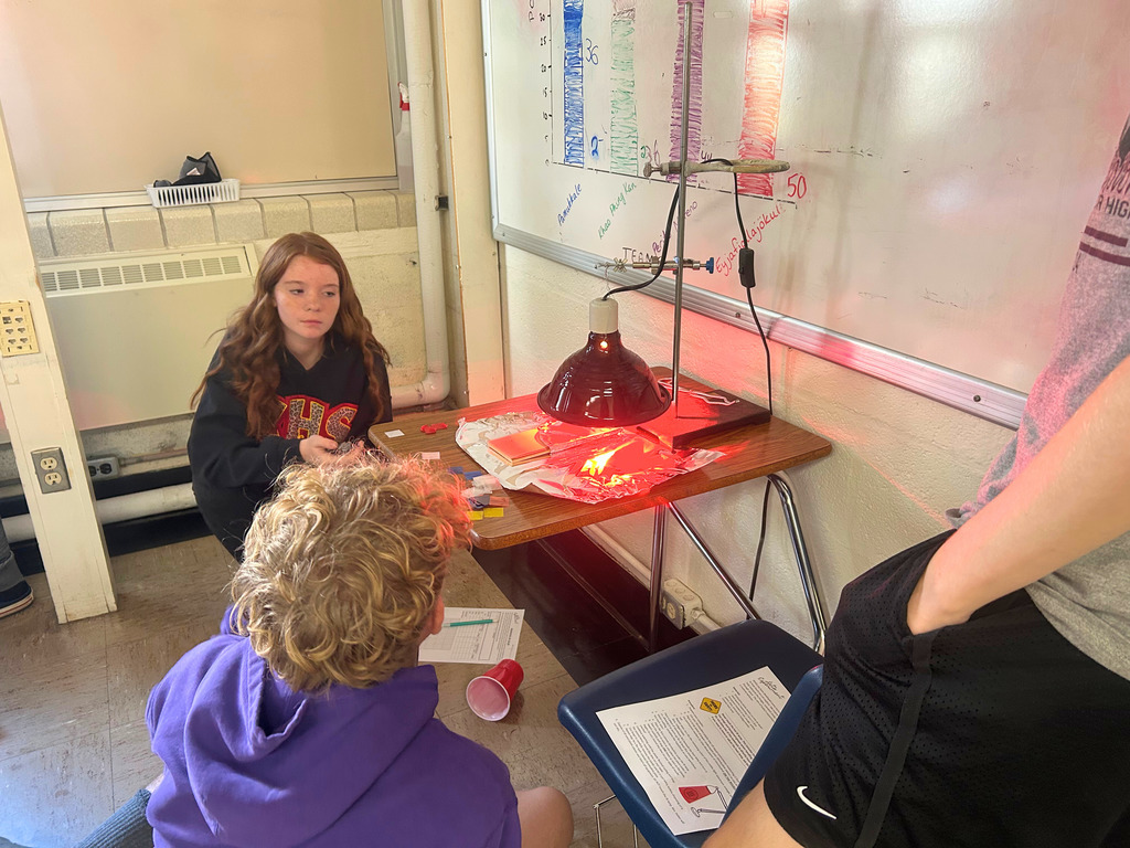Students are watching the heat lamp. One student is timing to watch the affect of heat over a period of time.
