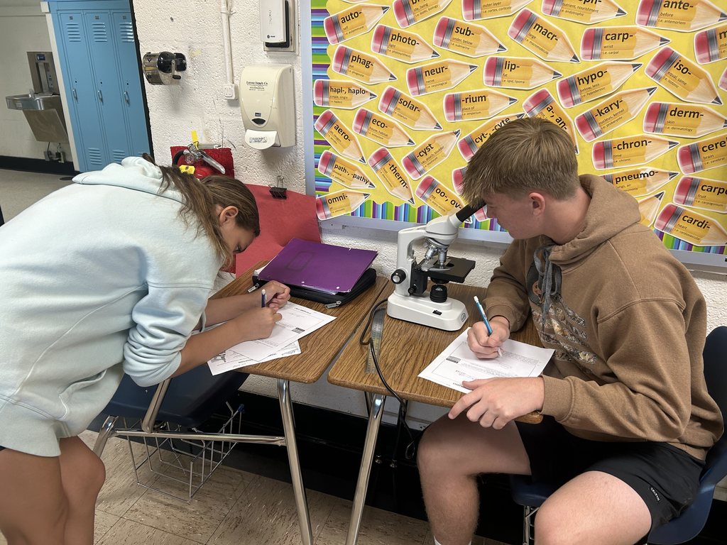 A student is looking through the microscope. Another student is writing.