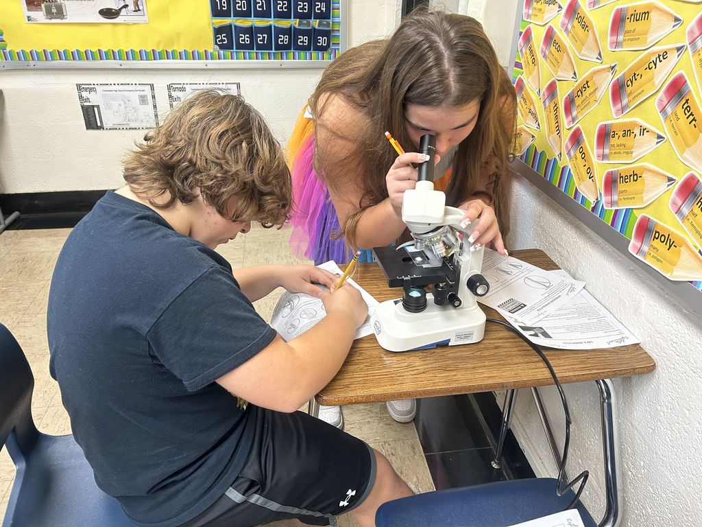 A student is looking through the microscope. Another student is writing.