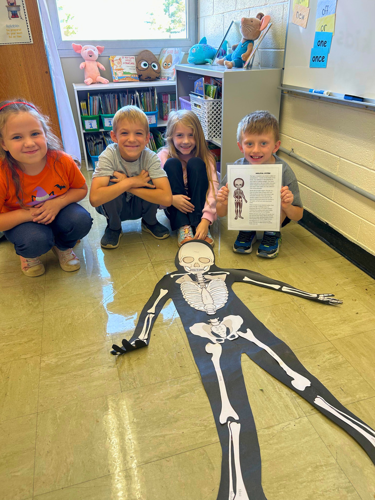 Students are sitting by their paper human. They have added the items in the skeletal system.