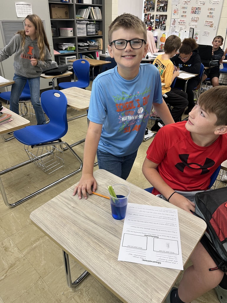 Two students are filling out their worksheet. They are observing a celery stalk in a cup of blue dyed water. 