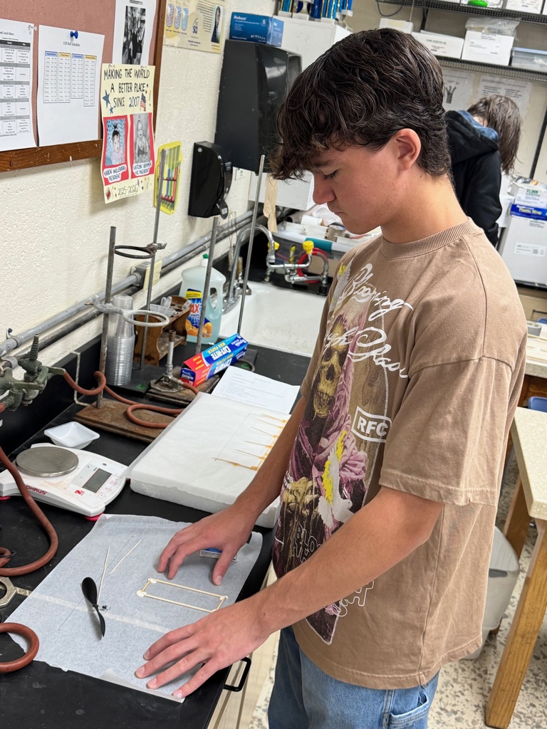 A student is standing at a table. He has wooden sticks on a white paper towel in front of him.