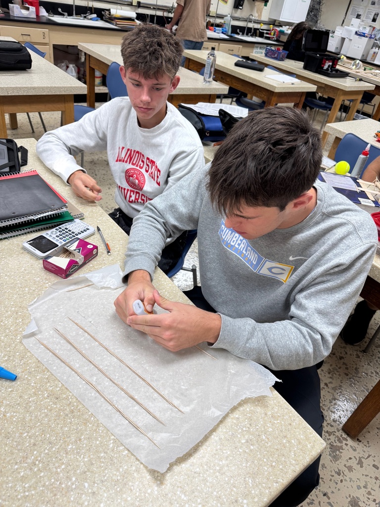 Two students are sitting at a table. They are gluing pieces of wood has wood.