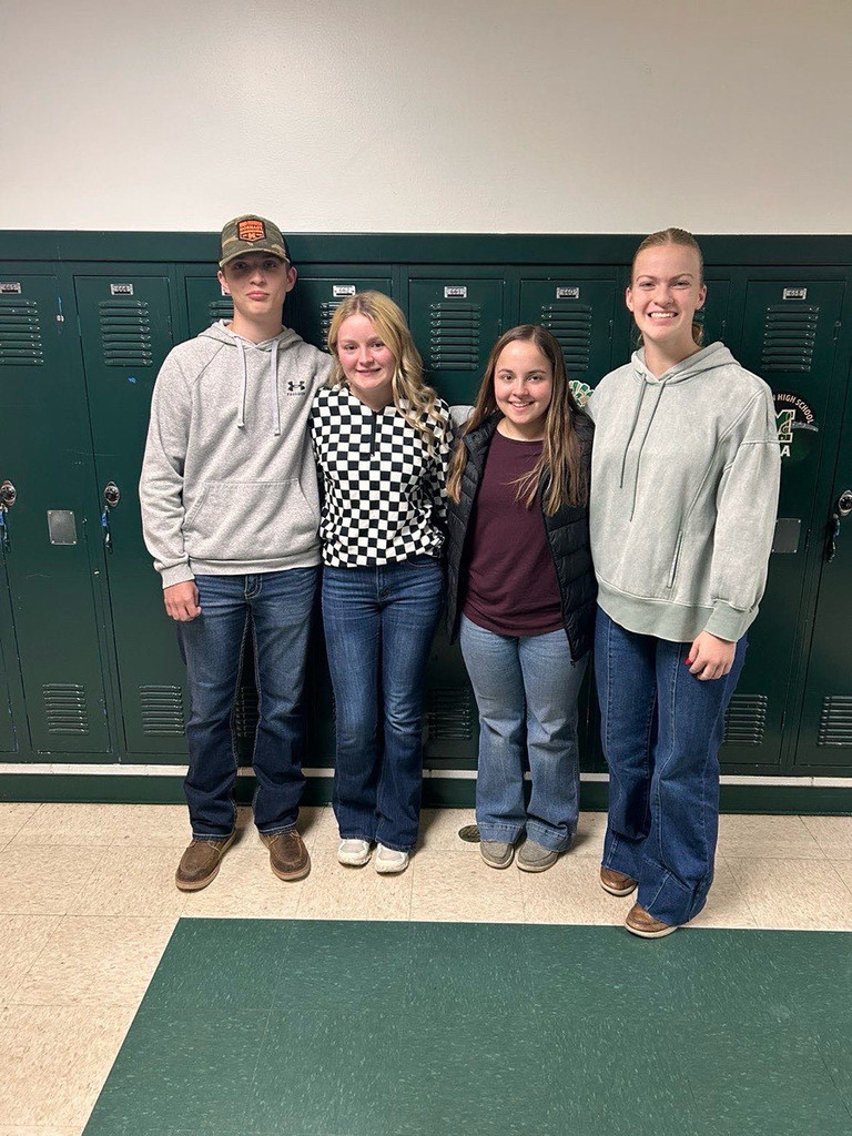 Pictured are four students standing in a hallway in front of green lockers. the students are arm in arm.