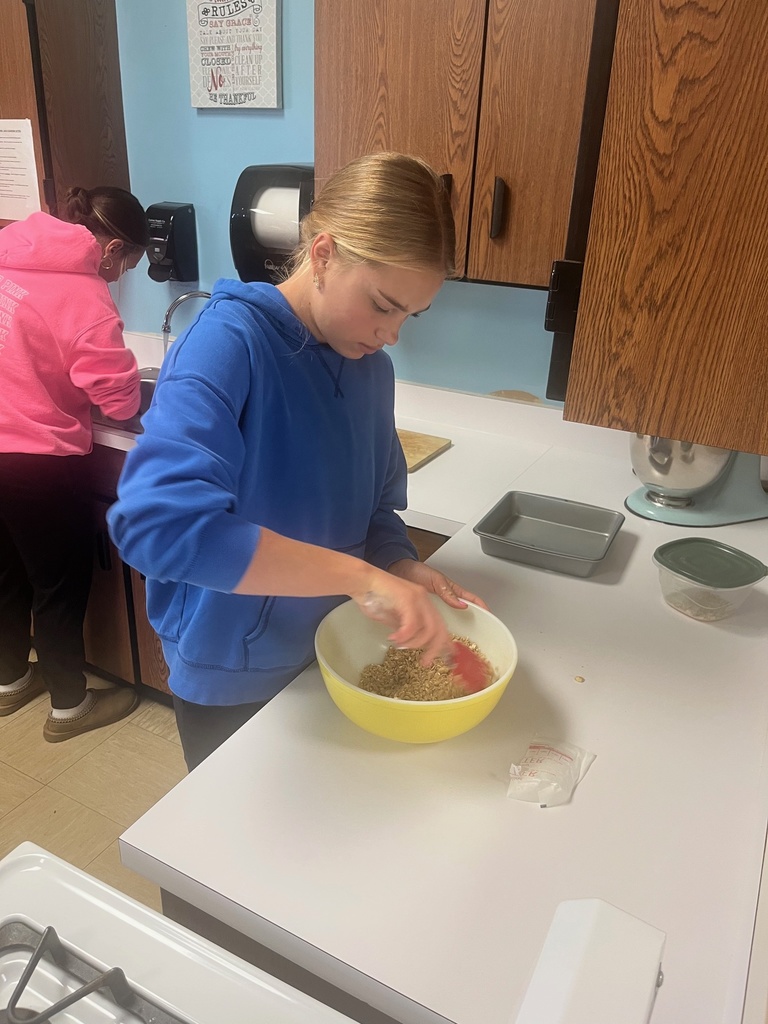 A student is standing at a counter. She is holding a mixing bowl and is stiring with a spatula.