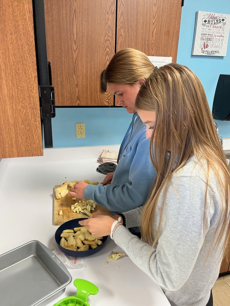 Two students are standing at a counter. One is pealing apples and the other is dicing them.