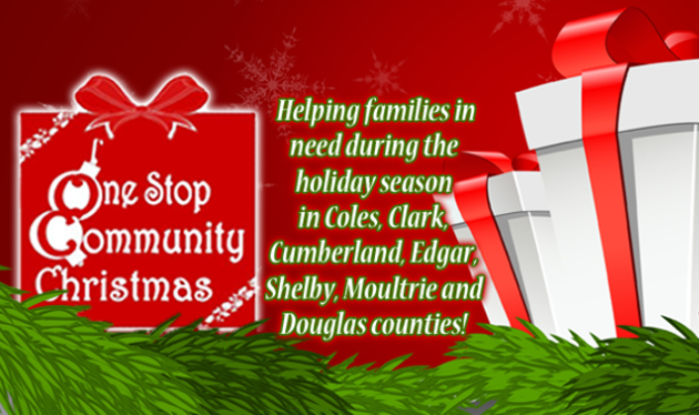 The Red image has Christmas packages. It says One Stop Community Christmas. Helping families in need during the holiday season in Coles, Clark, Cumberland, Edgar, Shelby, Moultrie, and Douglas Counties!