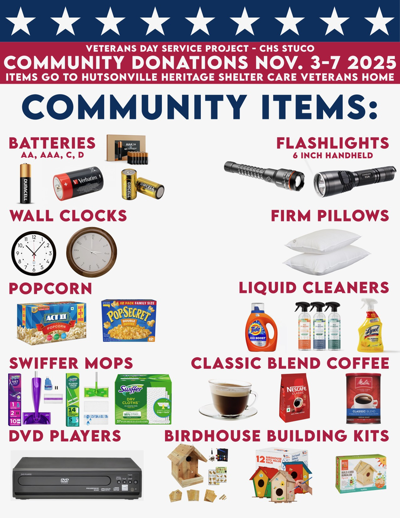 Flyer for a Veterans Day service project hosted by CHS StuCo, promoting community donations from November 3–7, 2025, to benefit the Hutsonville Heritage Shelter Care Veterans Home. Items requested include AA, AAA, C, and D batteries, 6-inch handheld flashlights, wall clocks, firm pillows, popcorn, liquid cleaners, Swiffer mops, classic blend coffee, DVD players, and birdhouse building kits. Each item is illustrated with clear product images.