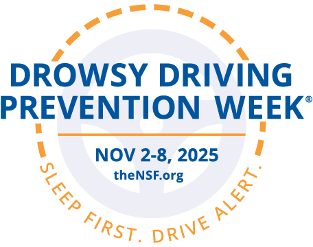 Circular logo for Drowsy Driving Prevention Week featuring a stylized steering wheel and road design. Blue text reads “Drowsy Driving Prevention Week” with event dates “Nov 2–8, 2025” and “theNSF.org” in the center. Orange border text says “Sleep First. Drive Alert.”