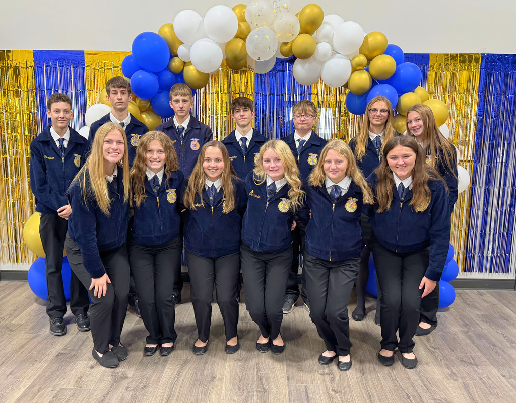 The group is standing in front of a blue and yellow backdrop with a blue, yellow, and white balloon arch.